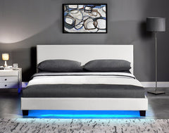 white upholstered bedstead bed frame PU leather bedroom furniture LED