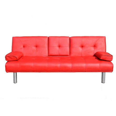 ACRUX 3-Seater Sofa Bed with Cup Holders & Cushions, Red PU