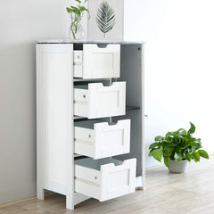 Free Standing Wooden Bathroom Cabinet with 1-Door Cupboard and 4-Drawer & Marble Effect Top (White)