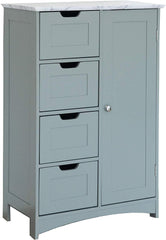 Free Standing Wooden Bathroom Cabinet with 1-Door Cupboard and 4-Drawer & Marble Effect Top (Grey)