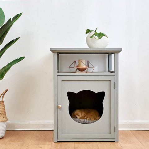 Cherry Tree Furniture BASTET Wooden Cat Cave Bedside Cabinet | Litter Box | Cat House Nightstand Grey