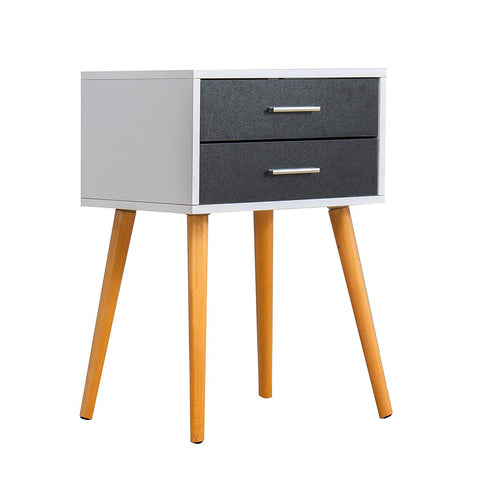 Black & White 2-Drawer Bedside Table Nightstand Cabinet with Solid Wood Legs