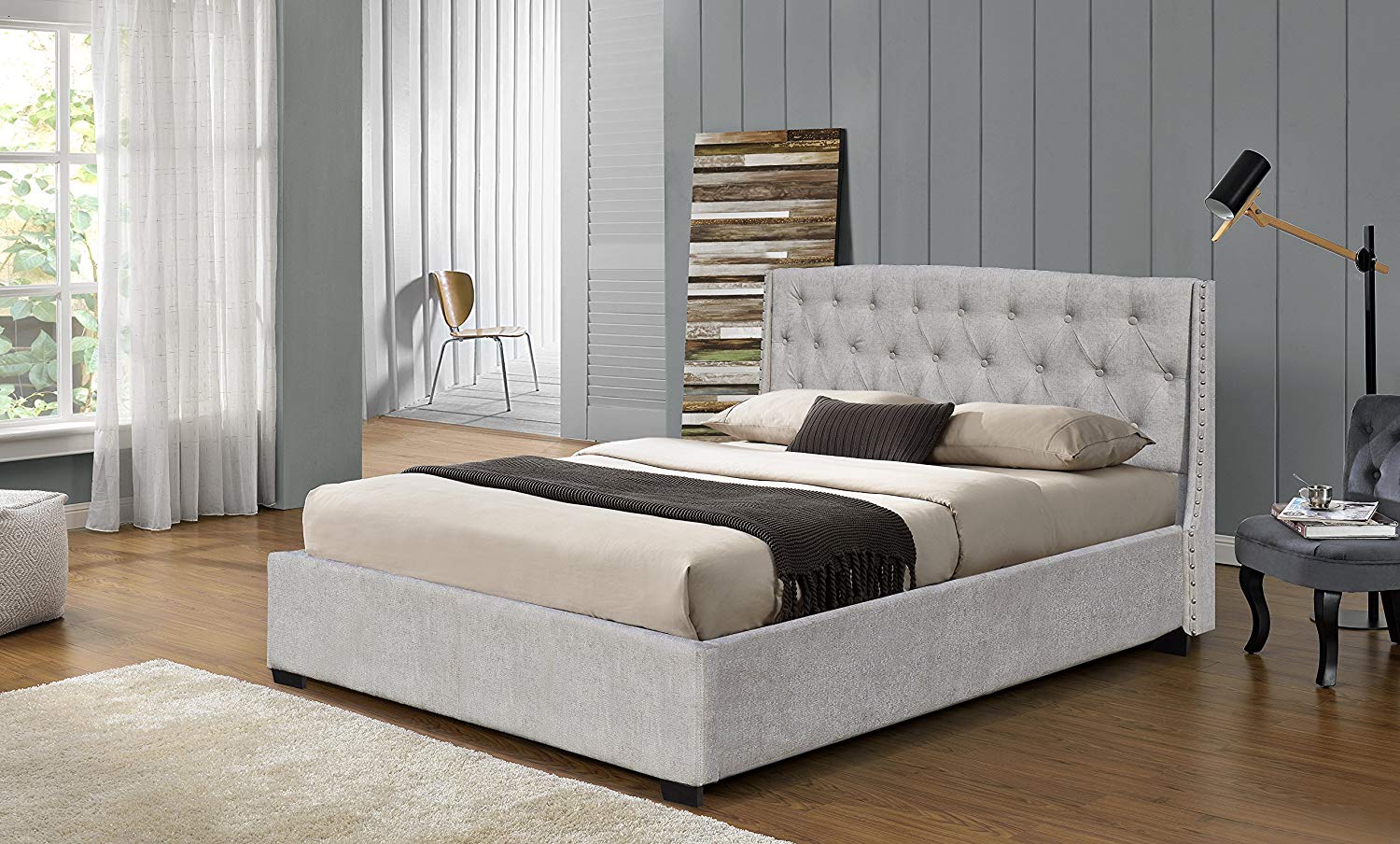 LUCIDA Chenille Fabric Buttoned Headboard Bed Frame in Light Grey SF852