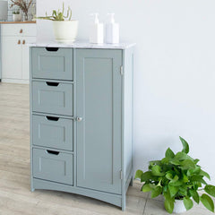 Free Standing Wooden Bathroom Cabinet with 1-Door Cupboard and 4-Drawer & Marble Effect Top (Grey)