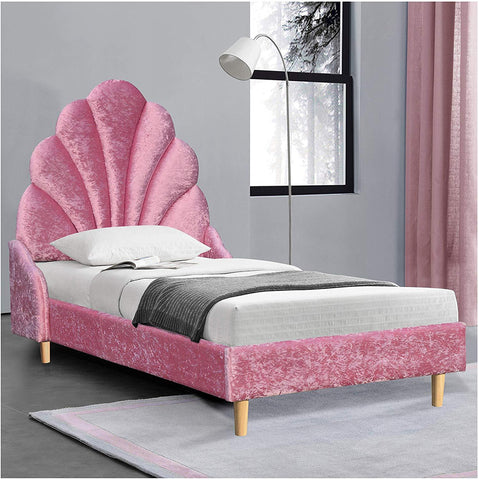 Cherry Tree Furniture ARIEL Pink Crushed Velvet Upholstered Princess Bed with Scalloped Headboard 3FT Single