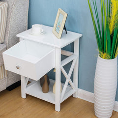 Wood White 1-Drawer Bedside Table Nightstand Cabinet