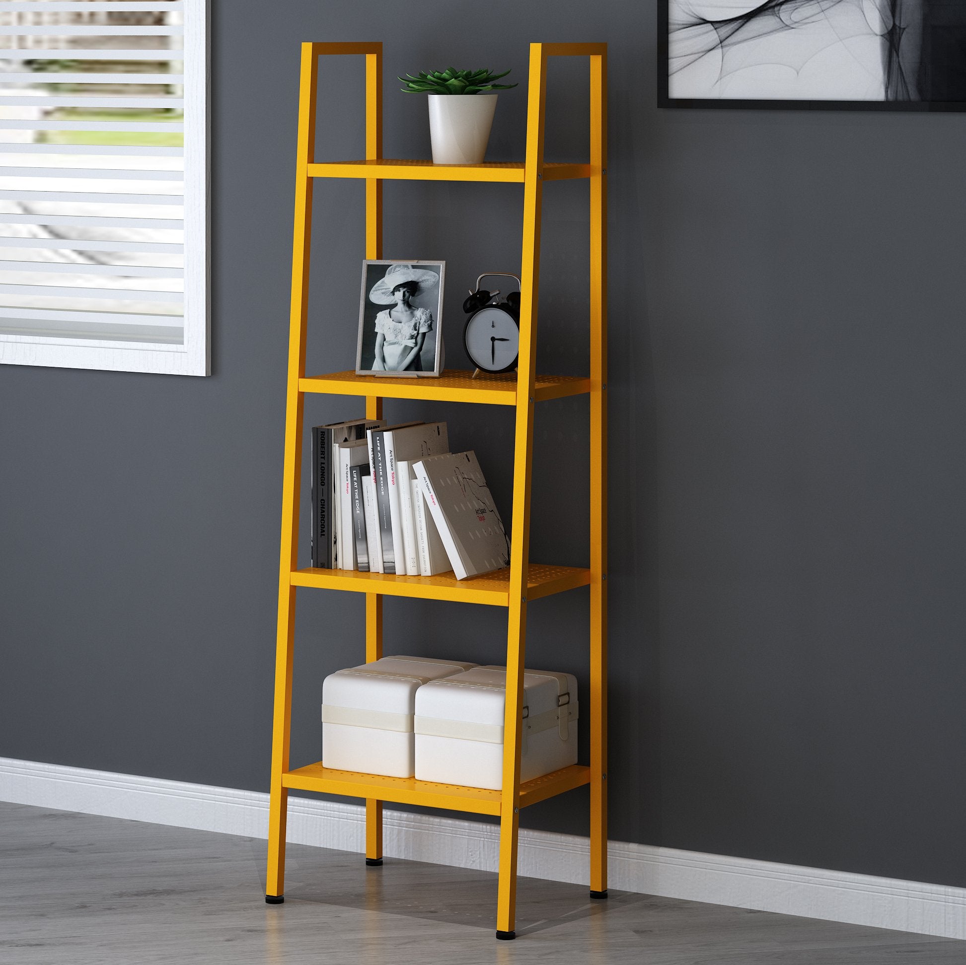 HUBA 4-Tier Shelving Unit Display Stand, Yellow