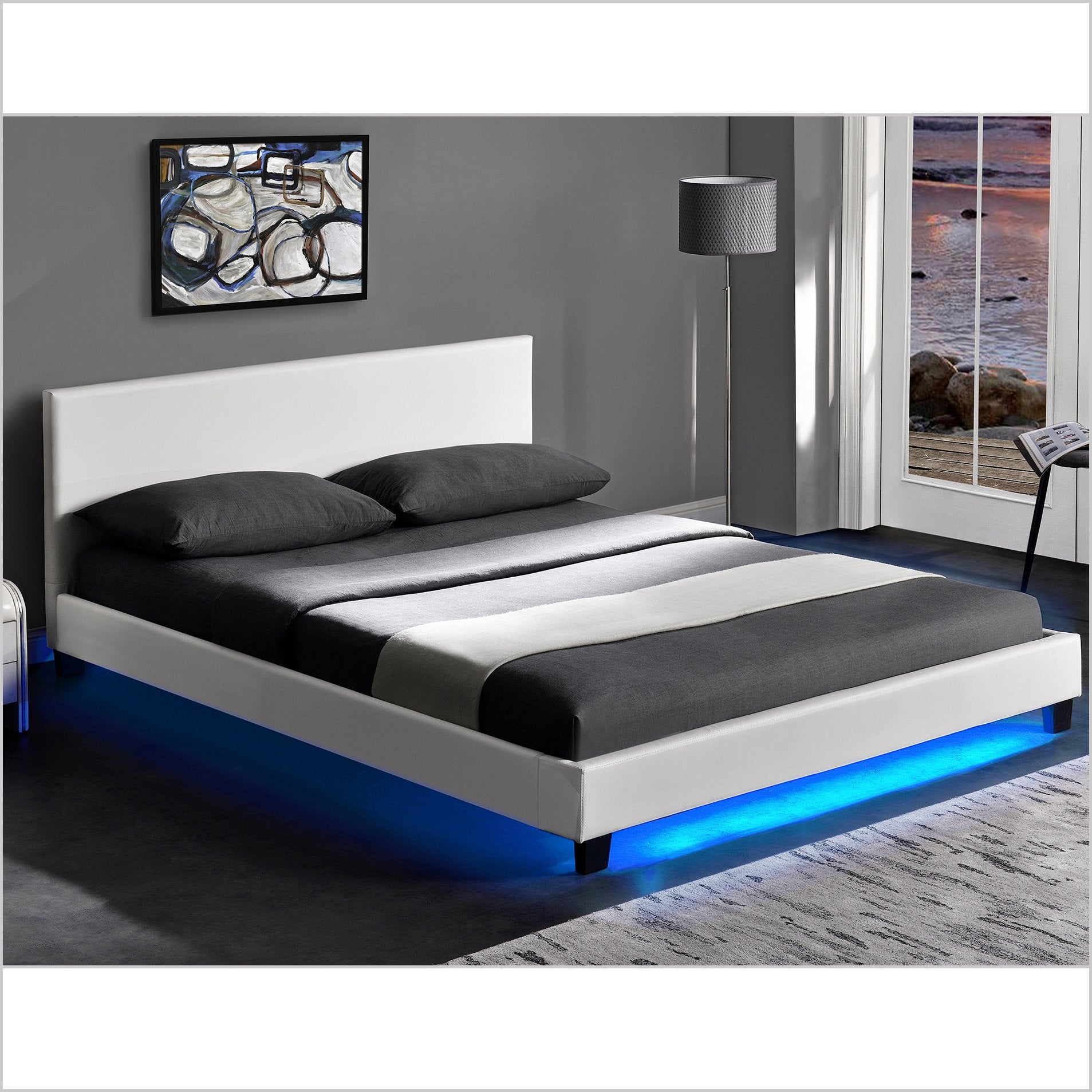 URSA White PU Leather Bed Frame with LED on Footend