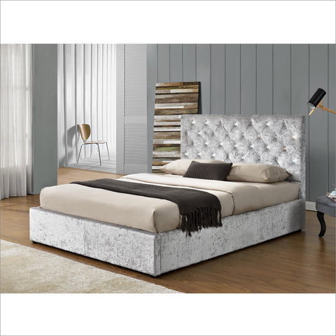 AQUILA Crushed Velvet Upholstered Bed Frame with Diamante Headboard, Silver