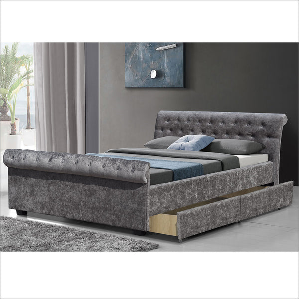 MAIA Luxurious Crushed Velvet Sleigh Bed with 4-Drawer Storage, Charcoal