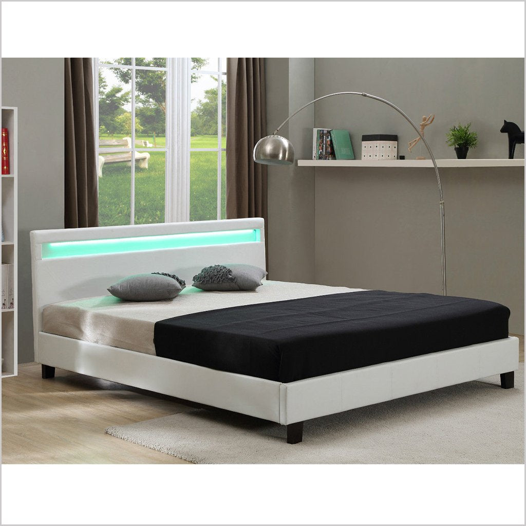 LENNA Designer LED Light Headboard Faux Leather Upholstered Bed Frame, White